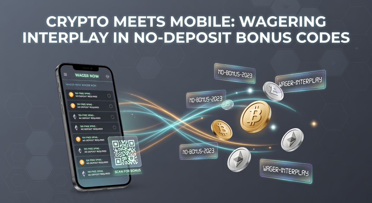Animated graphic showing cryptocurrency transaction flowing from wallet to mobile wagering app with bonus code entry and spinning slot reels