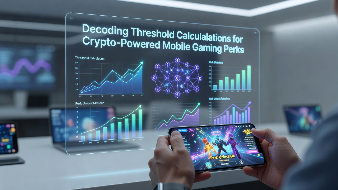 Illustration of threshold calculation models for crypto mobile gaming perks displayed on smartphone interfaces