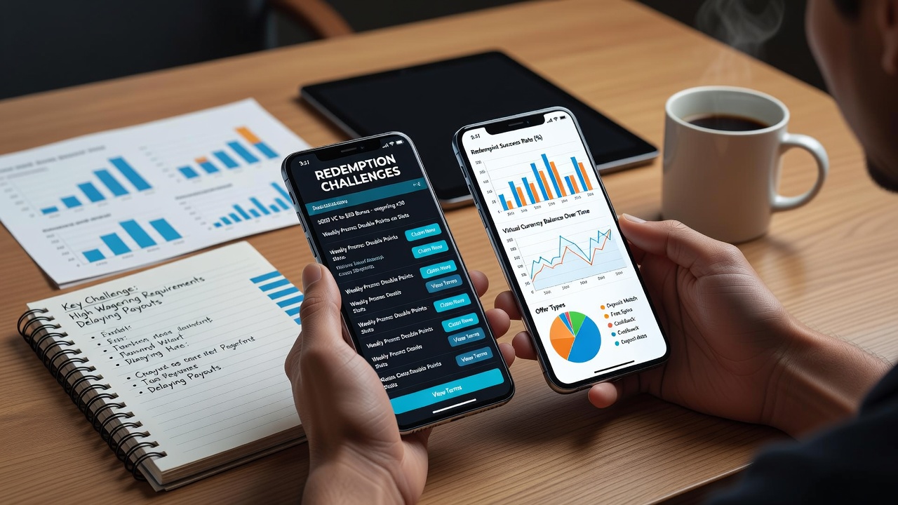 Smartphone screen displaying virtual currency casino app interface with promotional offer details and wallet connection options