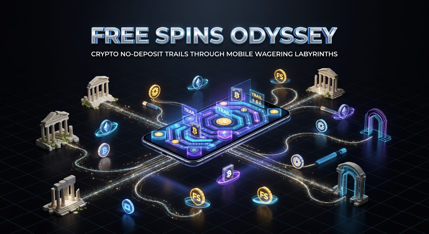 Abstract graphic of a labyrinthine path made from glowing slot machine symbols and crypto coins, leading to a central mobile device jackpot, symbolizing the journey through no-deposit free spins in wagering apps