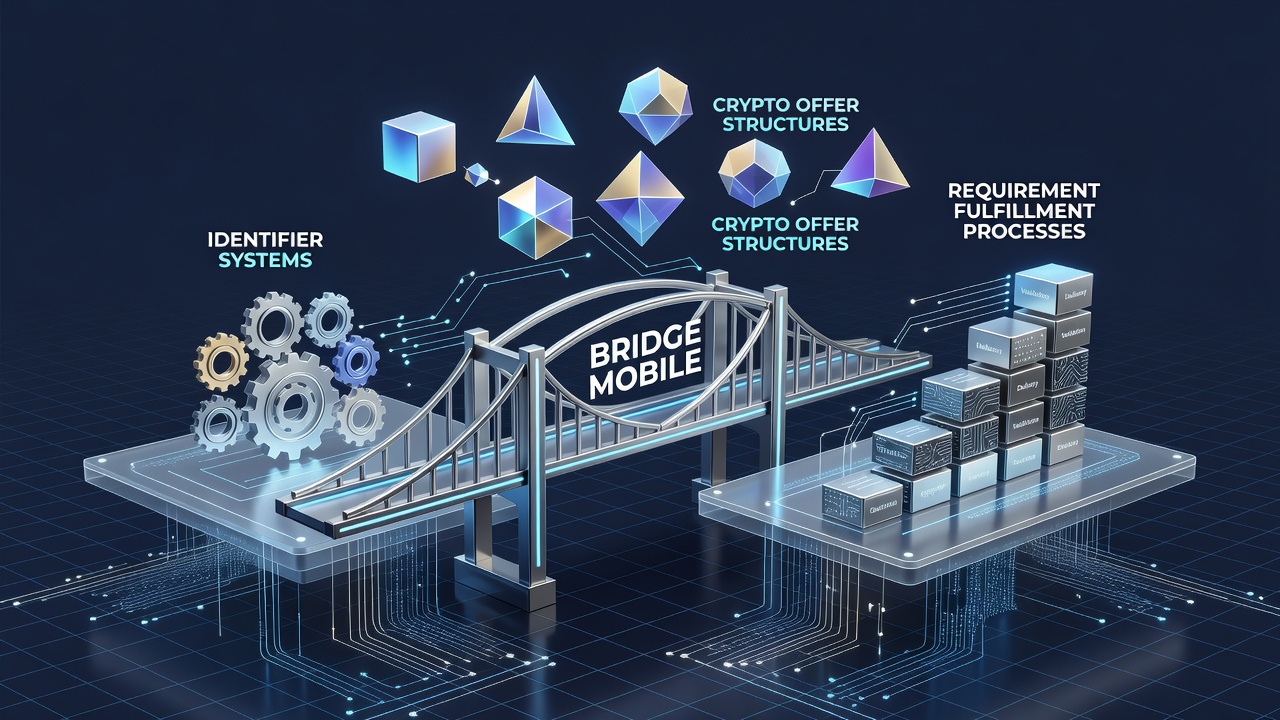 Diagram showing identifier systems connecting mobile crypto offers to fulfillment workflows in digital platforms