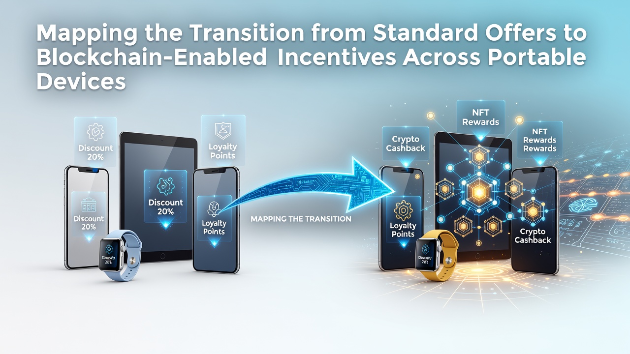 Illustration showing the evolution of mobile reward systems from paper coupons and loyalty cards to digital blockchain tokens displayed on smartphone screens