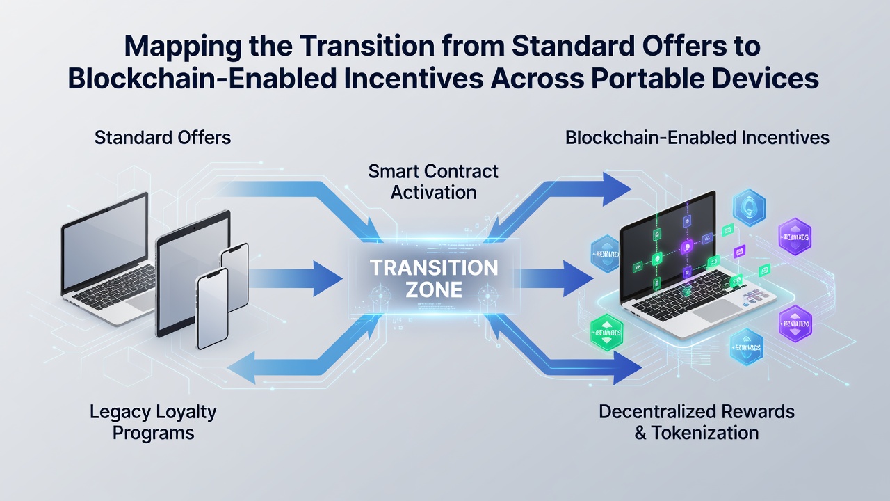 Diagram depicting smartphone interfaces displaying blockchain tokens alongside traditional loyalty points transitioning into unified digital incentive ecosystems