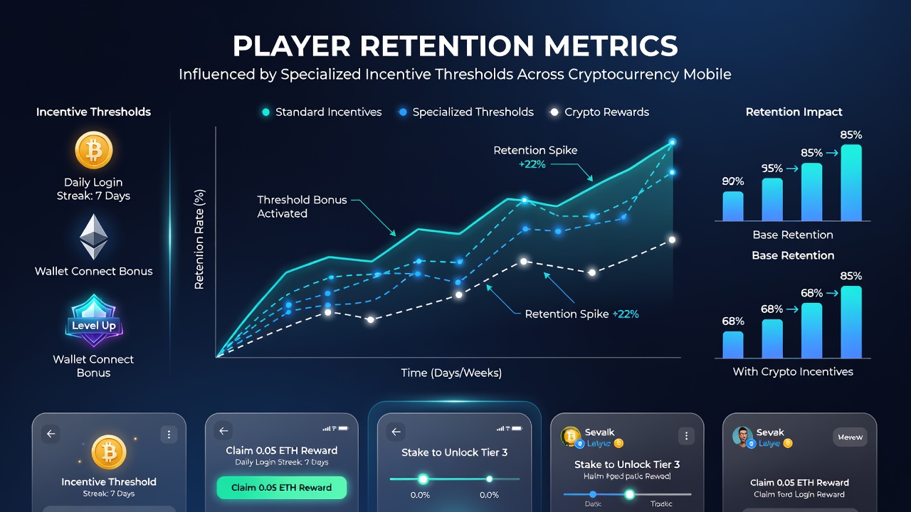 Graphs illustrating retention curves and incentive threshold impacts in cryptocurrency mobile gaming
